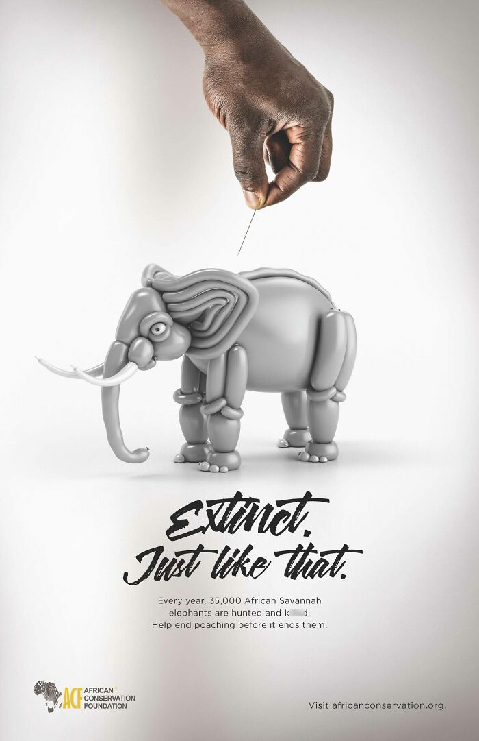 Hand holding a pin about to pop a balloon elephant, symbolizing elephant conservation and anti-poaching ad campaign.