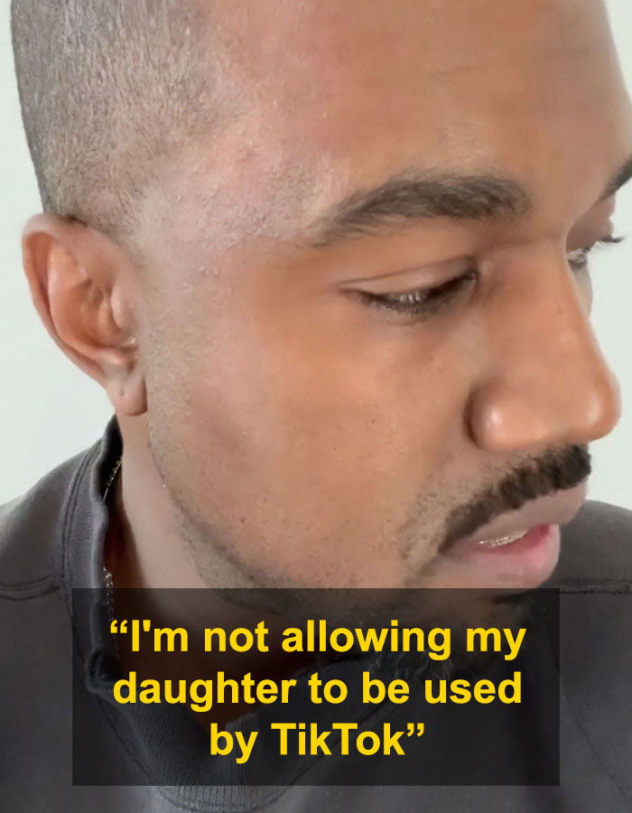 Close-up of Kanye West with a serious expression, highlighting warning about daughter North&rsquo;s online life and TikTok use.