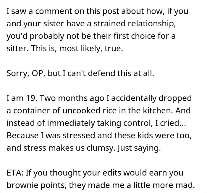 Text excerpt discussing a family emergency involving kicking out sister&rsquo;s kids and strained relationships.