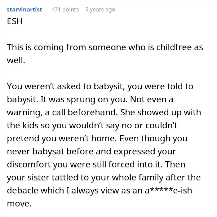 Reddit comment discussing being forced to babysit sister&rsquo;s kids during a family emergency without prior notice.