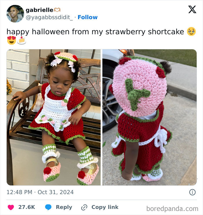 Toddler in a handmade strawberry shortcake knitted costume, showcasing creative kids Halloween costume ideas that worked like magic.
