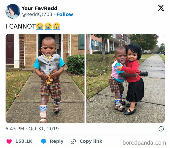 Two young children in creative Halloween costumes hugging outdoors on a sidewalk for kids' Halloween costume ideas.