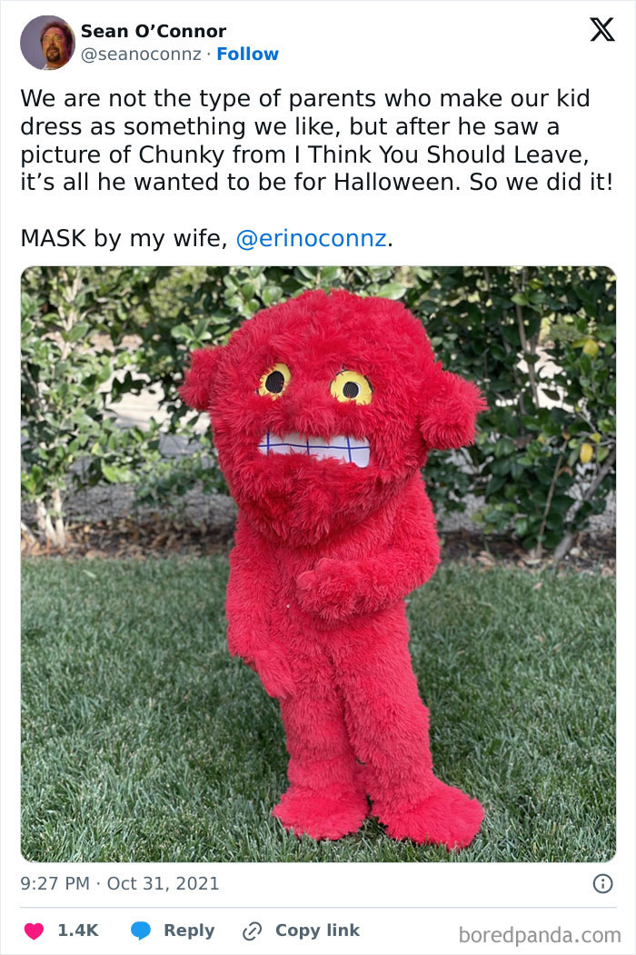 Child wearing a creative red furry costume resembling Chunky, one of the amazing kids' Halloween costume ideas that worked like magic.