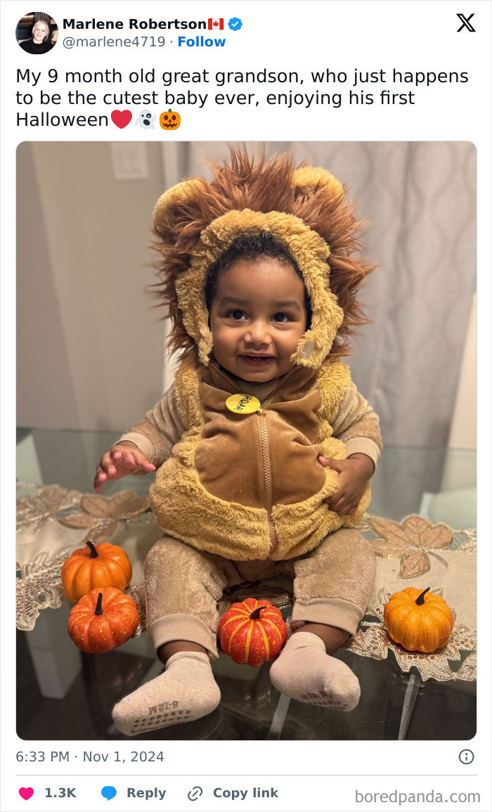 Baby in a lion costume sitting with mini pumpkins showcasing creative kids Halloween costume ideas.
