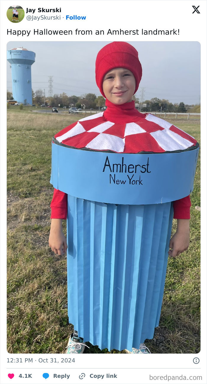 Child wearing a creative Amherst water tower Halloween costume standing outdoors, showcasing amazing kids' Halloween costume ideas.