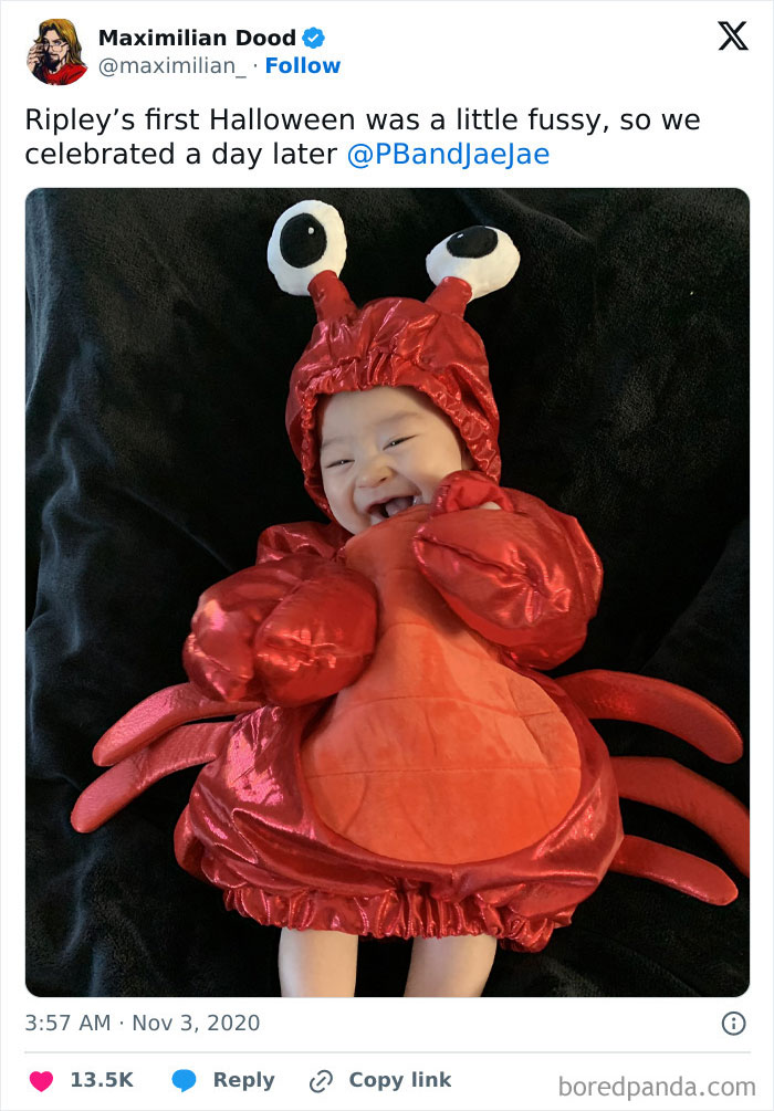 Baby wearing a red crab Halloween costume, showcasing one of the amazing kids' Halloween costume ideas that worked like magic.