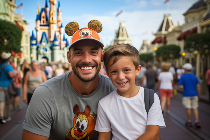 Man and son smiling at theme park, highlighting rich ex taking son on fancy trips while other kids are excluded