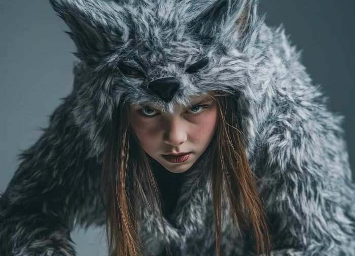Child dressed in a furry wolf costume with an intense expression, illustrating random things kids did that weren't normal.