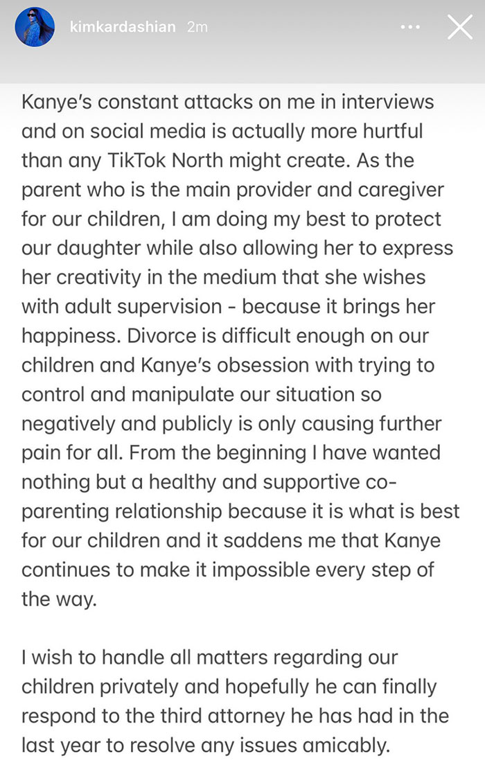 Statement about Kanye West&rsquo;s warning about daughter North&rsquo;s online life amid co-parenting challenges.