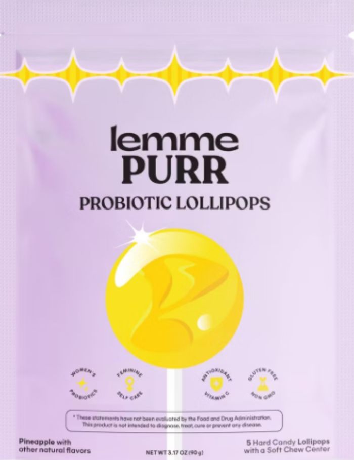 Lemme Purr probiotic lollipops for women&rsquo;s private parts promoting feminine self-care and wellness in a colorful package.