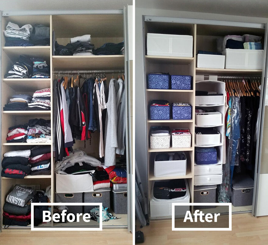 Side-by-side comparison of a closet before and after organization hacks using storage bins and neat folding methods.