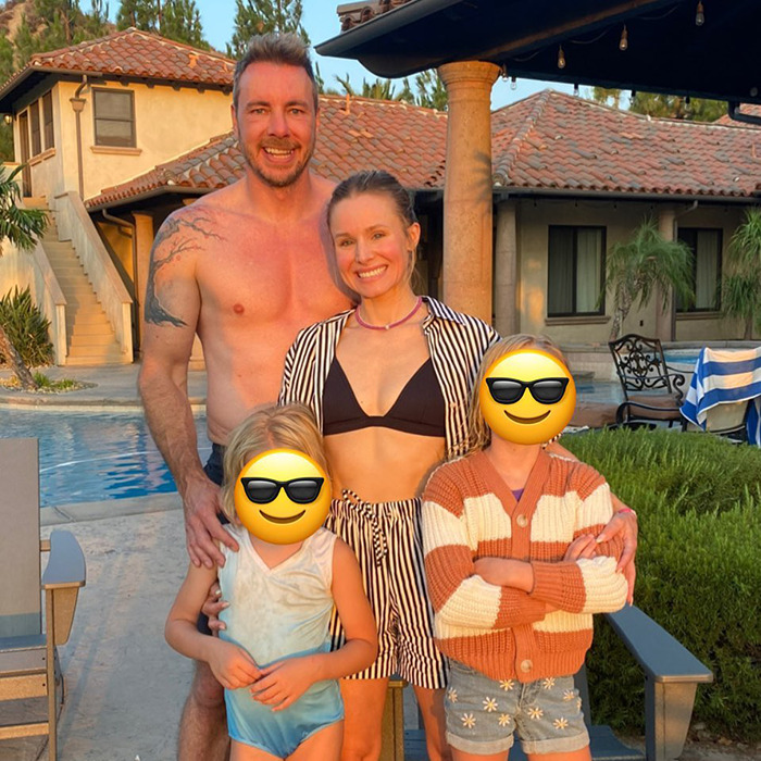 Kristen Bell and Dax Shepard smiling by a pool with family, highlighting insights on their toxic marriage and blackout fights.