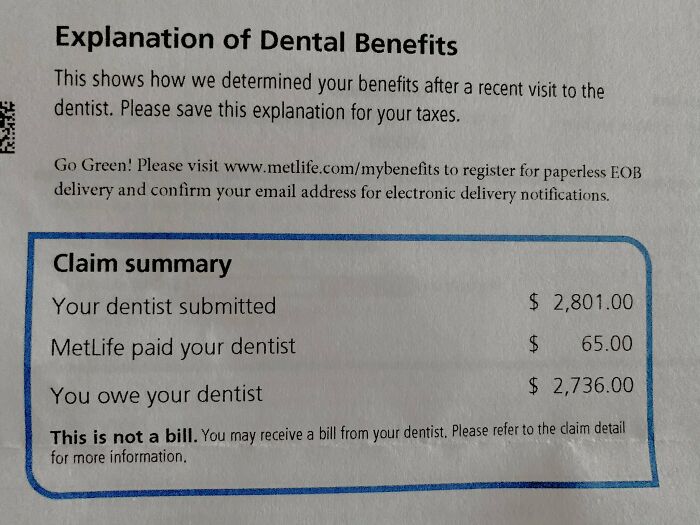Explanation of dental benefits showing claim summary with high patient balance highlighting harsh realities of American healthcare costs.