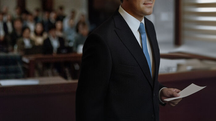 Man in a suit holding a paper, speaking in a courtroom with an audience in the background discussing loopholes.
