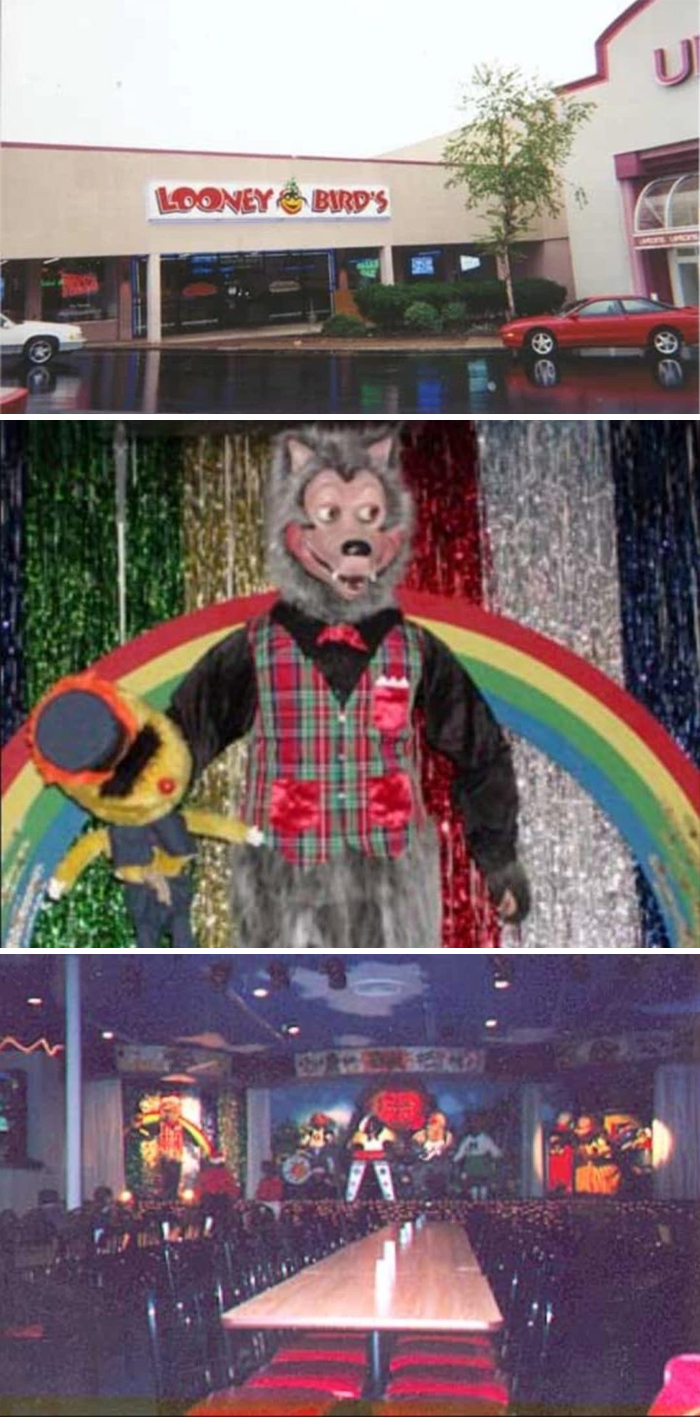 Exterior and interior of a Looney Bird's restaurant featuring unnerving liminal spaces with animatronic characters and empty seating.