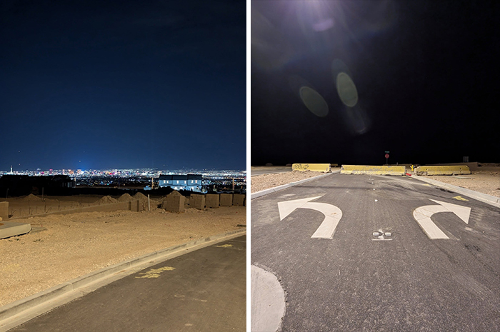 Split image showing a nighttime cityscape with empty liminal spaces and unmarked roads under dark skies.