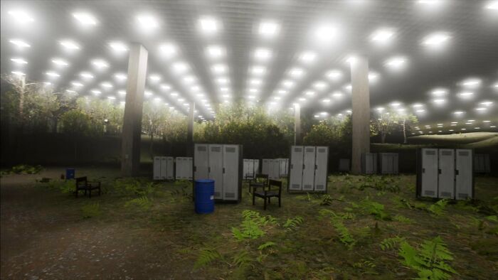 An unnerving liminal space filled with lockers, plants, and bright ceiling lights creating a surreal Truman Show-like environment.