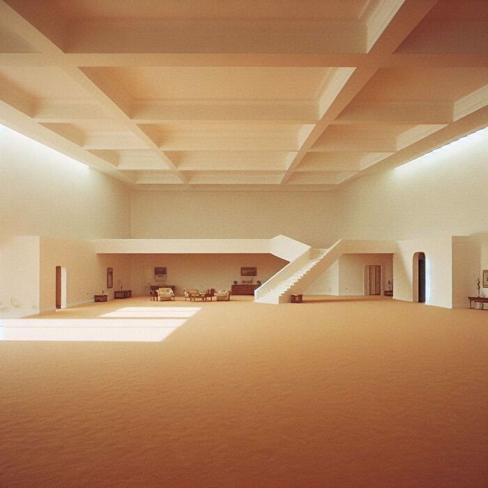 Minimalist liminal space with soft lighting and empty beige room featuring sparse furniture and a staircase.