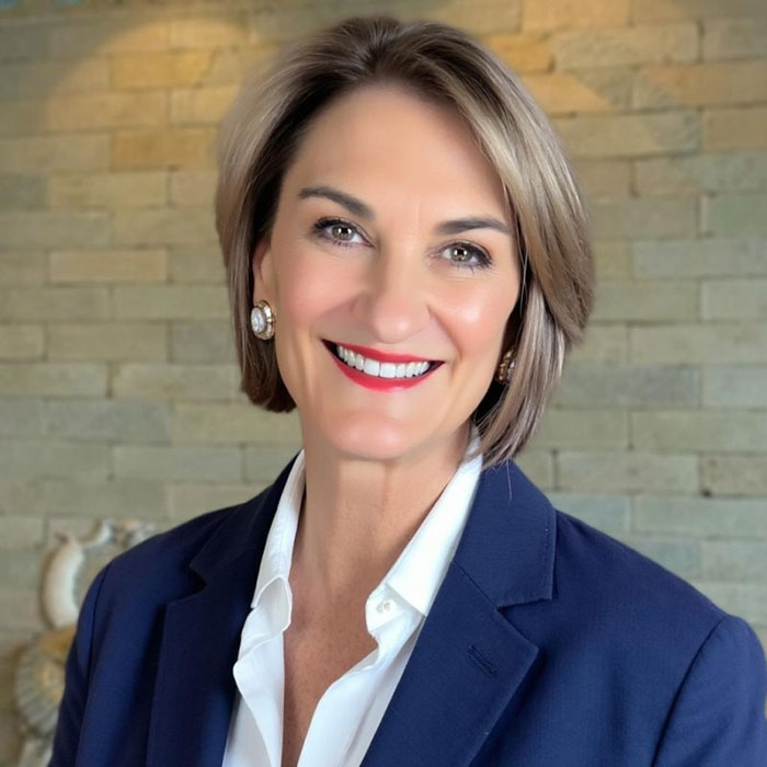 Professional woman smiling in a blue blazer and white shirt, illustrating body language experts decoding subservient behavior.