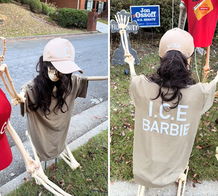 Skeleton Halloween display wearing I.C.E Barbie shirt and cap as part of an elaborate anti-MAGA roadside decoration.