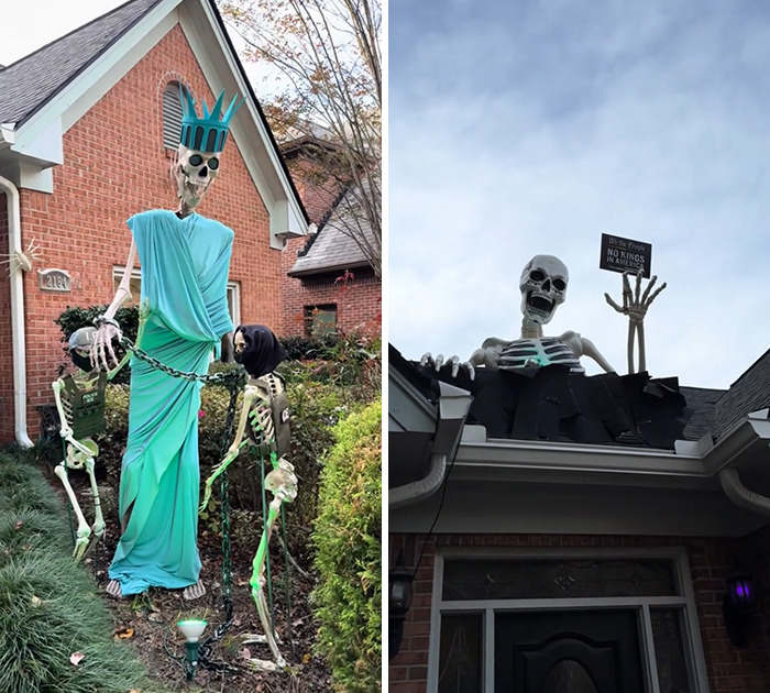 Anti-MAGA Halloween display with elaborate skeleton figures in costumes outside a brick house turning heads with viral creativity.