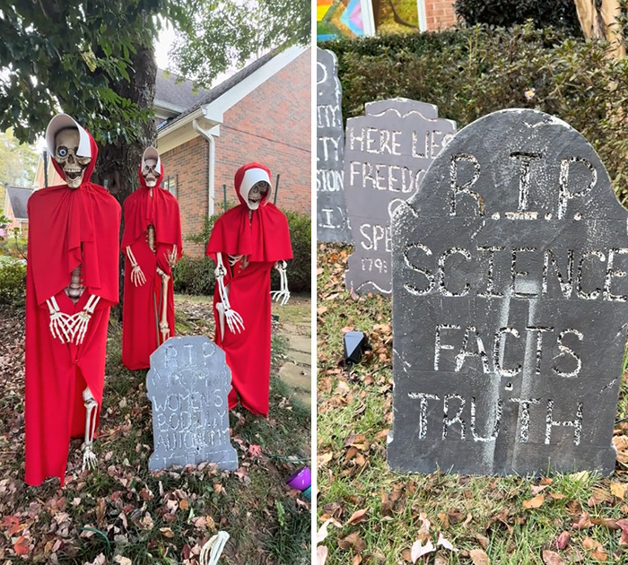 Elaborate anti-MAGA Halloween display with skeletons in red cloaks and tombstones mocking science and authority.