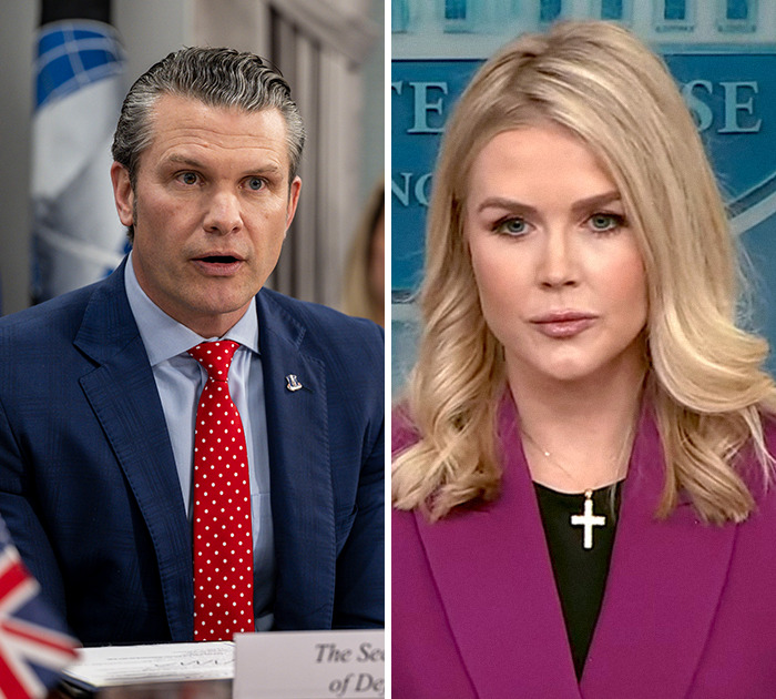 Two individuals in a split image, a man in a suit and red tie, and a woman in a purple blazer, related to anti-MAGA Halloween display.