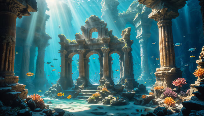 Underwater ancient ruins with fish swimming around coral reefs, showcasing weird and fascinating things in the ocean.