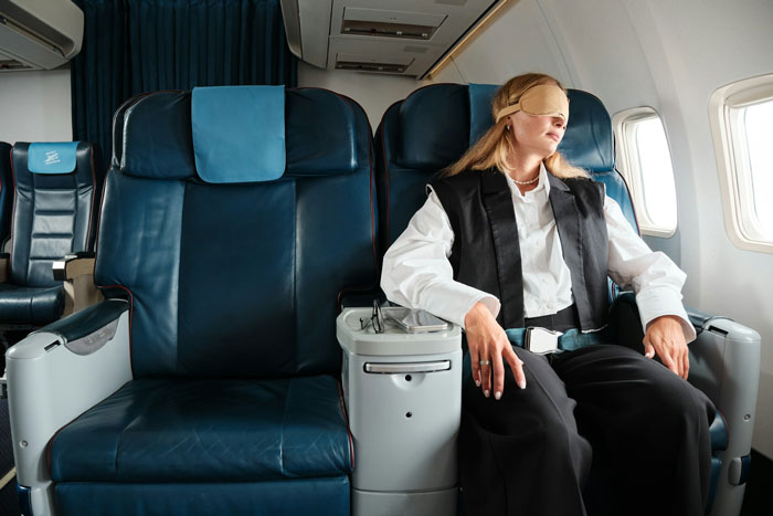 Teen refusing to interact with a stranger&rsquo;s kid while sitting on a long 15-hour flight in an airplane cabin.