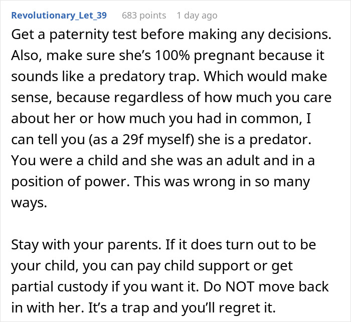Text message advice about choosing parents over girlfriend, mentioning paternity tests and child support warnings.