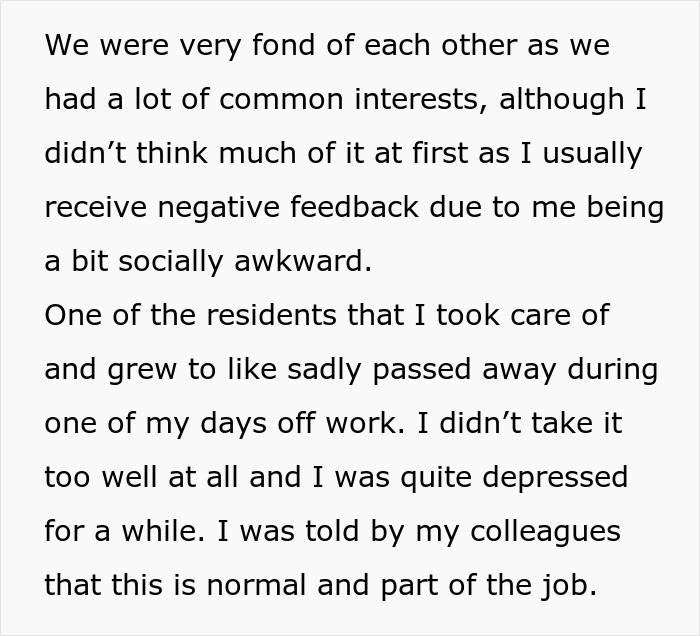 Text excerpt discussing personal feelings and social awkwardness after a resident passed away, reflecting on depression and work challenges.