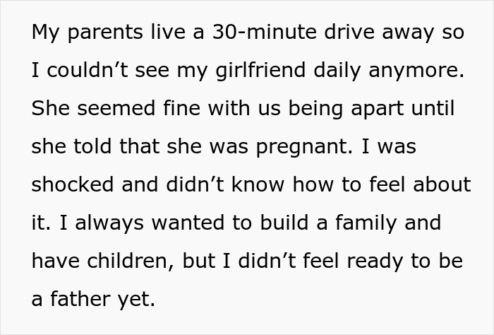 Text excerpt about a 19-year-old choosing his parents over his 27-year-old girlfriend after learning about her pregnancy.