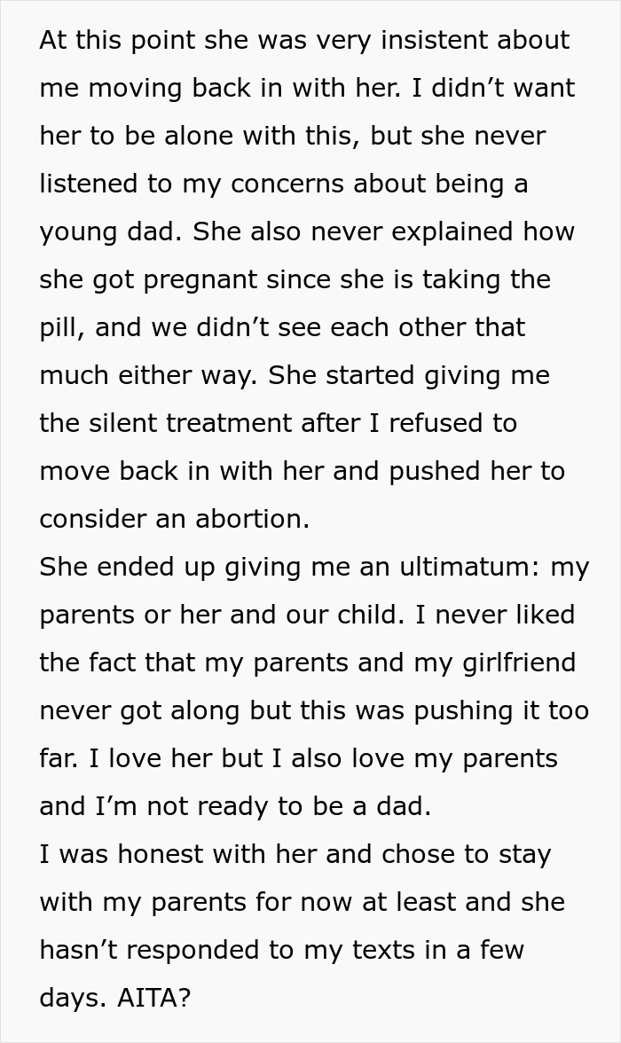 Text excerpt about a 19-year-old choosing his parents over his 27-year-old girlfriend and child, facing relationship challenges.