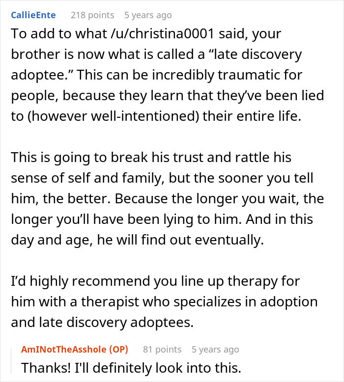 Reddit comments discussing late discovery adoptee and whether to tell son harsh truth about real parents.