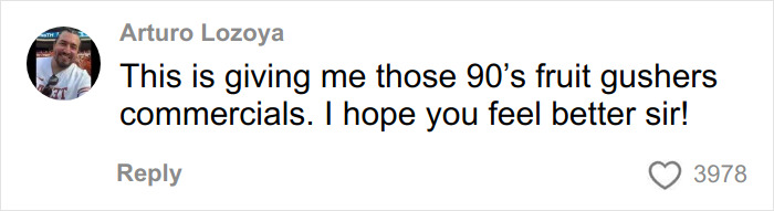 TikToker&rsquo;s hair transplant recovery comment comparing appearance to 90&rsquo;s fruit gushers commercial with supportive reply.