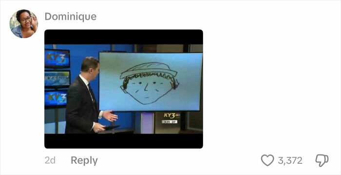 TV presenter in a suit gestures towards a screen showing a simple drawing related to hair transplant recovery humor.