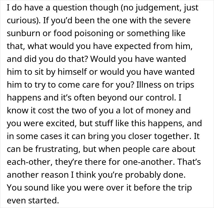 Text excerpt discussing a man&rsquo;s true colors showing during vacation as girlfriend realizes he&rsquo;s not the one anymore.