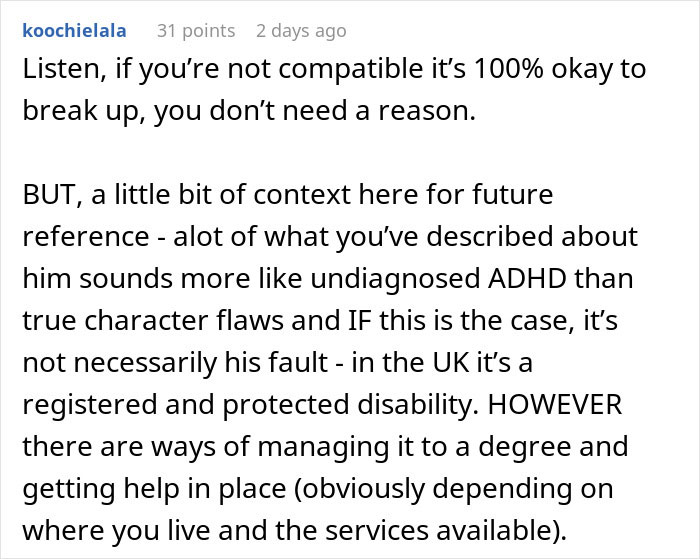 Screenshot of a Reddit comment discussing relationship compatibility and undiagnosed ADHD affecting true colors during vacation.