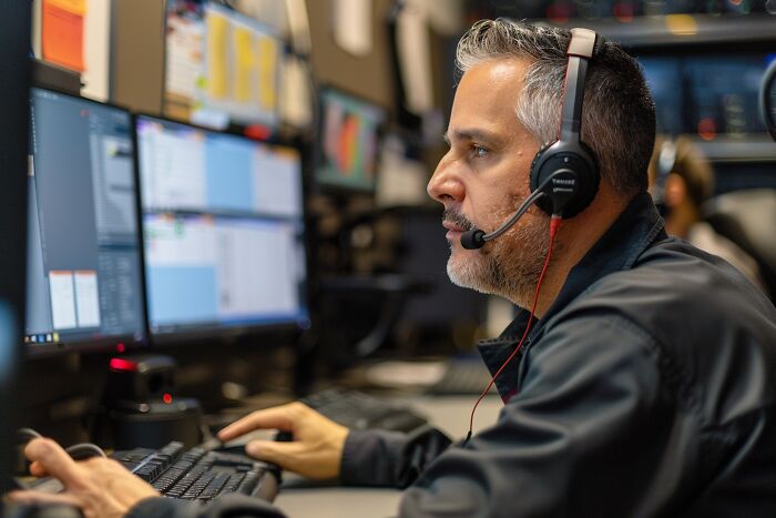 911 operator focused on multiple computer screens, handling unusual and strange emergency calls in a control room.