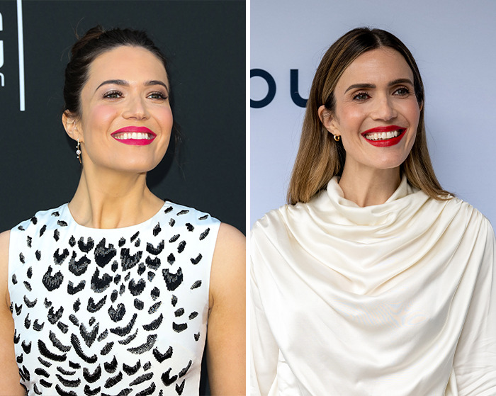 Mandy Moore with bold lipstick and different hairstyles showing her unrecognizable new look at two events.