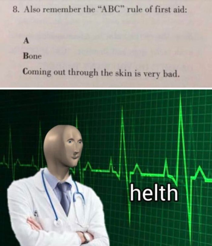 Humorous medical text on first aid ABC rule paired with a surreal doctor figure and EKG background highlighting health.