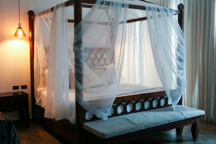 Canopy bed with sheer white curtains in a softly lit bedroom, illustrating cozy and relaxed vibes from drunk fumbles confessions.