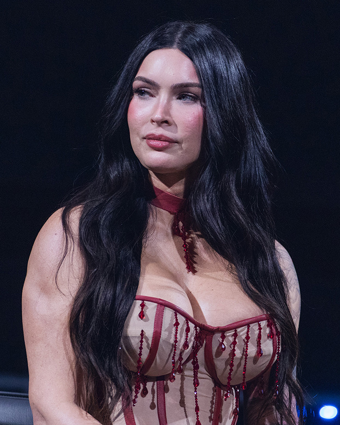 Megan Fox at a red carpet event wearing a beaded outfit, sparking plastic surgery speculation among fans and media.