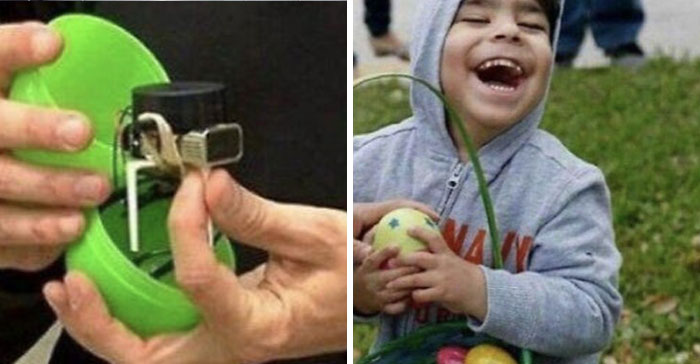 Hands assembling a creative device beside a joyful child holding colorful Easter eggs capturing men are good moments.