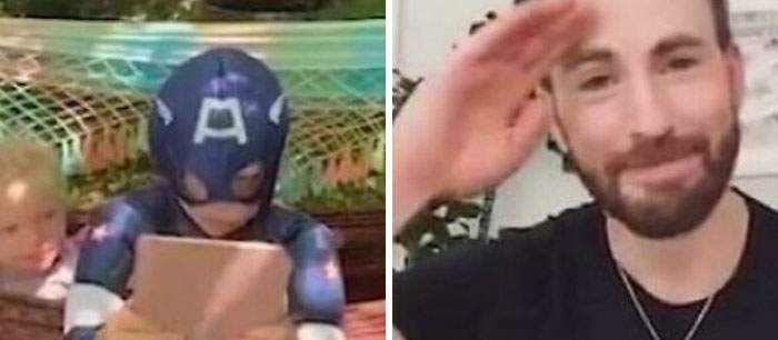 Man dressed as Captain America reading to a child beside him, paired with a man saluting and smiling in a casual setting, showing men are good.