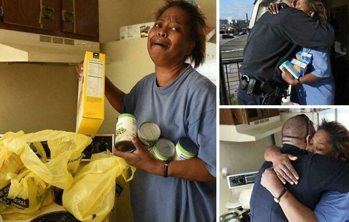 Woman receiving groceries and emotional hugs from a man, showing acts of kindness and the good in this world.