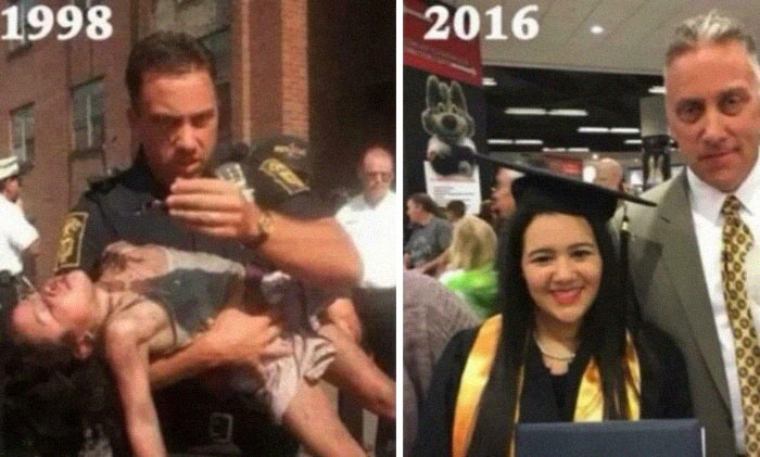 Police officer rescuing a child in 1998 and later attending her graduation in 2016, showing men are good moments.