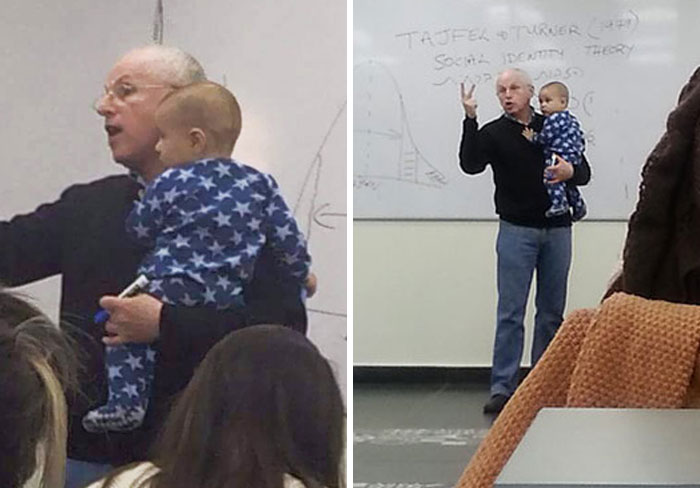 Man holding a baby while teaching a class, illustrating moments that show men are good in everyday life.