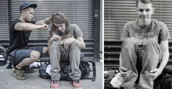 Man giving a haircut to another man on the street, showing men are good and kindness in the community.