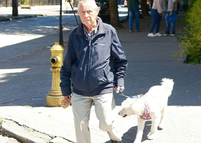 Elderly man walking a white dog on a sunny sidewalk, capturing everyday socially awkward situations outdoors.